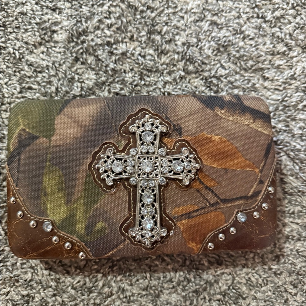 Brown Camouflage Cross Embellished Clutch